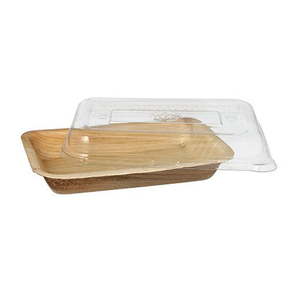 Το Starpak 10 Schalen Kombipack αποτελείται από ορθογώνια, επίπεδα μπολ από φύλλα φοίνικα σε ανοιχτόχρωμο καφέ με διαφανές καπάκι rPET που καλύπτει μερικώς κάθε μπολ.