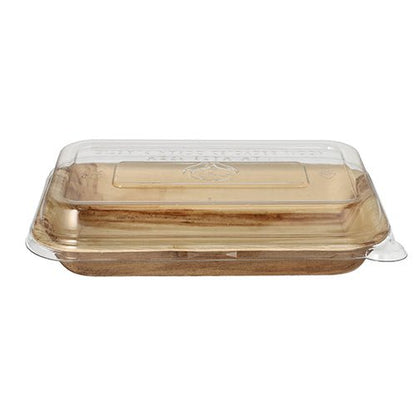 Το Starpak 10 Schalen, Palmblatt με καπάκι rPET "Kombipack" της Starpak απεικονίζεται κλειστό, διαθέτει διαφανές, αναδιπλούμενο καπάκι από ανακυκλωμένο PET και χωράει ένα μόνο ορθογώνιο κομμάτι κέικ ή επιδόρπιο στο εσωτερικό.