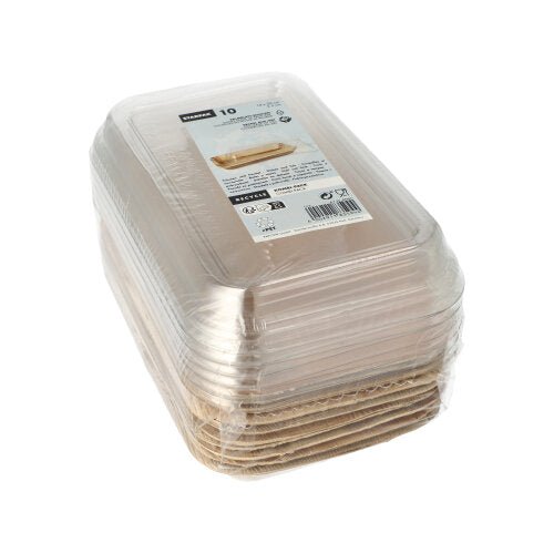 Μια στοίβα από Starpak 10 Schalen, Palmblatt με καπάκι rPET "Kombipack" μιας χρήσης μπολ είναι συσκευασμένη μαζί και τυλιγμένη σε πλαστική μεμβράνη σε απλό λευκό φόντο. Στην κορυφή υπάρχει μια ετικέτα προϊόντος της μάρκας Starpak.