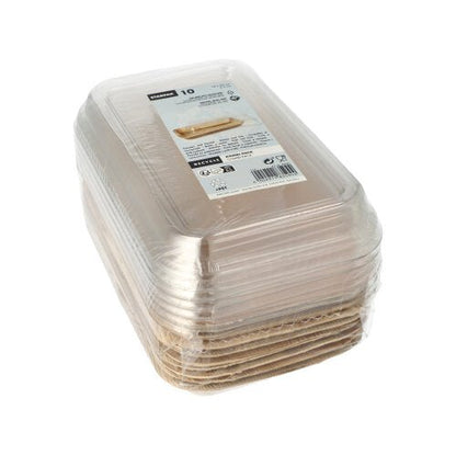Μια στοίβα από Starpak 10 Schalen, Palmblatt με καπάκι rPET "Kombipack" μιας χρήσης μπολ είναι συσκευασμένη μαζί και τυλιγμένη σε πλαστική μεμβράνη σε απλό λευκό φόντο. Στην κορυφή υπάρχει μια ετικέτα προϊόντος της μάρκας Starpak.