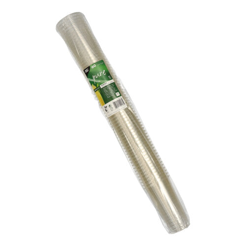 Eine Packung mit 60 glasklaren PAPSTAR „pure“ PLA Bierbechern (0,2 l, Ø 7,05 cm, 12,4 cm) der PAPSTAR GmbH ist mit einem grün-weißen Etikett in einer durchsichtigen Kunststoffverpackung auf weißem Hintergrund abgebildet.