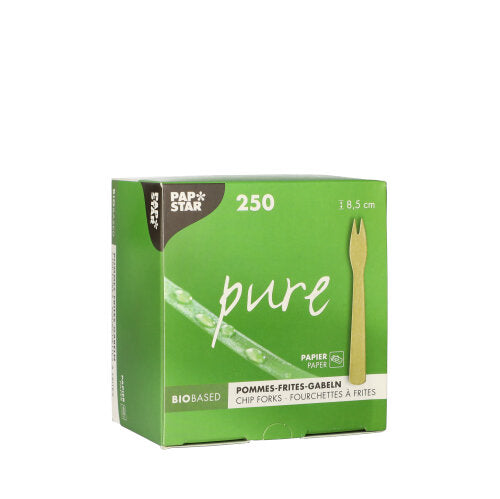 Ένα καφέ κουτί «pure» της PAPSTAR GmbH περιέχει 250 βιοδιασπώμενα πιρουνάκια πατάτας από χαρτί με μήκος 8,5 cm το καθένα. Η συσκευασία υπογραμμίζει τον φιλικό προς το περιβάλλον σχεδιασμό της με βάση το χαρτί.