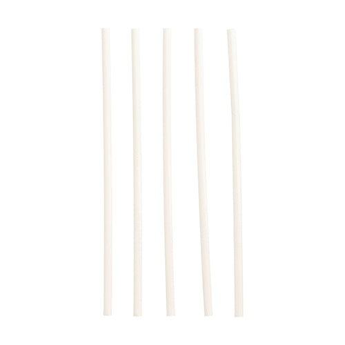Πέντε PAPSTAR 100 καλαμάκια από χαρτί (Ø 6 mm) από την PAPSTAR GmbH είναι τοποθετημένα κάθετα σε απλό λευκό φόντο σε σειρά.