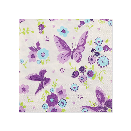 PAPSTAR 20 Servietten (25 x 25 cm, 3-lagig, 1/4-Falz) von der PAPSTAR GmbH zeigen lila Schmetterlinge und blaue, lila und grüne Blumen auf Weiß – ideal, um Ihrer Tischdekoration Charme zu verleihen.