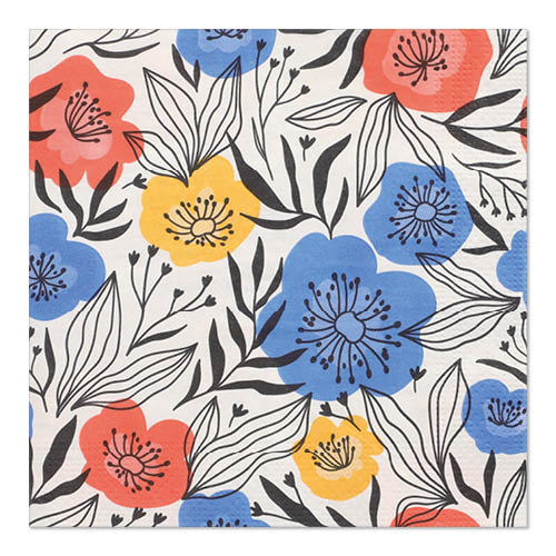 Οι χαρτοπετσέτες PAPSTAR 20 χαρτοπετσέτες της PAPSTAR GmbH είναι 33x33 εκ, αποτελούνται από 3 στρώσεις χαρτιού και εμφανίζουν ένα λευκό φόντο με κόκκινα, κίτρινα και μπλε άνθη με μαύρο περίγραμμα και μαύρο-λευκά φύλλα.