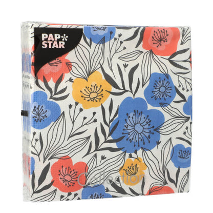 PAPSTAR 20 χαρτοπετσέτες, 3 στρώσεων, 33x33 εκ, Σχέδιο Σετ 4: εκτύπωση λουλουδιών με μπλε, κίτρινα και κόκκινα άνθη καθώς και μαύρα φύλλα σε λευκό φόντο από την PAPSTAR GmbH.