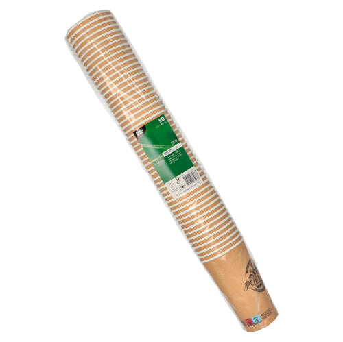 Ένα πακέτο από 50 PAPSTAR 0,5 l χάρτινα ποτήρια της PAPSTAR GmbH, συσκευασμένα σε διαφανές πλαστικό με πράσινη-λευκή ετικέτα με πληροφορίες προϊόντος.