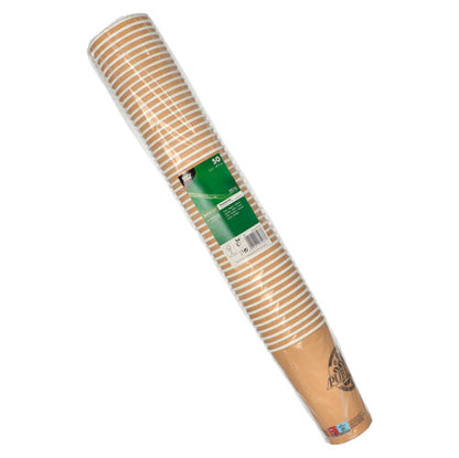 Ένα πακέτο από 50 PAPSTAR 0,5 l χάρτινα ποτήρια της PAPSTAR GmbH, συσκευασμένα σε διαφανές πλαστικό με πράσινη-λευκή ετικέτα με πληροφορίες προϊόντος.