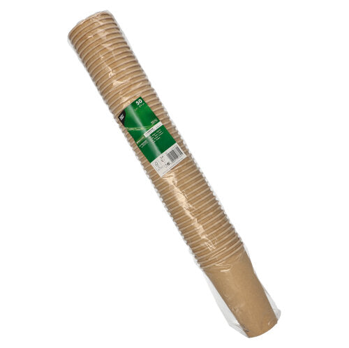 Μια σφραγισμένη πλαστική συσκευασία με 50 καφέ χάρτινα ποτήρια (0,5 l το καθένα) της PAPSTAR GmbH, με πράσινη-λευκή ετικέτα και λεπτομέρειες προϊόντος.