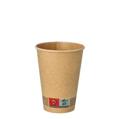 Ένα PAPSTAR GmbH καφέ χάρτινο ποτήρι (Ø 7 cm, 9,2 cm ύψος) με εκτυπωμένο σύμβολο προειδοποίησης και κείμενο στο κάτω μέρος στέκεται όρθιο μπροστά σε λευκό φόντο. 50 τεμάχια ανά συσκευασία.