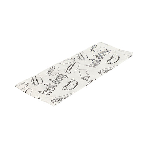 Απεικονίζεται μια επίπεδη, λευκή PAPSTAR συσκευασία χαρτιού για χοτ ντογκ (21x8,5 εκ.) με μαύρο σκίτσο χοτ ντογκ και κείμενο "Hot Dog" από το πακέτο συρρίκνωσης των 1000 τεμαχίων της PAPSTAR GmbH σε λευκό φόντο.