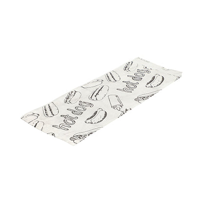 Απεικονίζεται μια επίπεδη, λευκή PAPSTAR συσκευασία χαρτιού για χοτ ντογκ (21x8,5 εκ.) με μαύρο σκίτσο χοτ ντογκ και κείμενο "Hot Dog" από το πακέτο συρρίκνωσης των 1000 τεμαχίων της PAPSTAR GmbH σε λευκό φόντο.