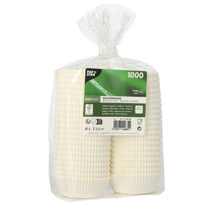 Τα PAPSTAR 1000 φορμάκια της PAPSTAR GmbH είναι υψηλής ποιότητας, κυματοειδή χάρτινα φορμάκια σε διάφανη συσκευασία. Η πράσινη ετικέτα δείχνει τα σύμβολα για κομποστοποίηση και καταλληλότητα για τρόφιμα - ιδανικά για όλες τις ανάγκες ψησίματος.