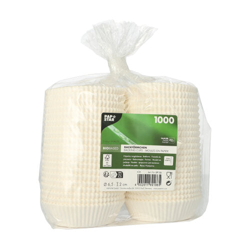 Μια διαφανής πλαστική συσκευασία περιέχει τέσσερις στοίβες από φορμάκια "PAPSTAR 1000 φορμάκια" της PAPSTAR GmbH με μια πράσινη ετικέτα, στην οποία αναφέρονται 1000 τεμάχια, πληροφορίες για το βιολογικό υλικό και άλλες λεπτομέρειες προϊόντος.