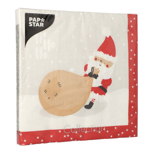 Ein 20er Pack PAPSTAR 3-lagige Servietten (40x40 cm, 1/4 Falz) der PAPSTAR GmbH, mit Weihnachtsmannmotiv mit braunem Sack, rot-weißem Sternenrand und der Aufschrift „PAP STAR“ in der oberen linken Ecke.