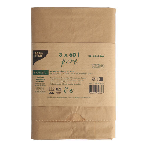 Abgebildet ist ein 3er-Pack PAPSTAR Kompostsäcke aus Papier "pure", 60 l, 2-lagig, braun mit Banderole und aufgedruckten Produktinfos/Recyclingsymbolen der PAPSTAR GmbH vor weißem Hintergrund. Jeder Papiersack fasst bis zu 60 Liter Bioabfall.