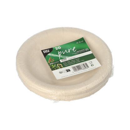 Μια στοίβα στρογγυλών πιάτων PAPSTAR «pure» από γεωργικά υπολείμματα, συσκευασμένα σε πλαστική μεμβράνη. Στην ετικέτα φαίνεται η PAPSTAR GmbH, πρόκειται για 20 κομποστοποιήσιμα και βιοδιασπώμενα πιάτα.