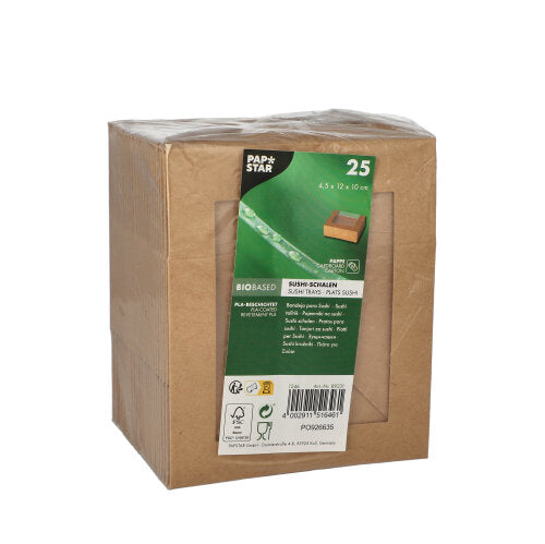 Eine braune Kartonverpackung mit 25 PAPSTAR Sushi-Schalen (rechteckig) der PAPSTAR GmbH trägt auf der Vorderseite Produktdetails, Barcode und Umweltsymbole, die Oberseite der Verpackung ist transparent.