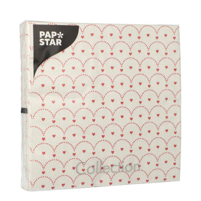 Ένα πακέτο με 20 χαρτοπετσέτες PAPSTAR GmbH, 33 x 33 εκ, 3 στρώσεων με Σχέδιο Σετ 4. Με ένα επαναλαμβανόμενο κόκκινο καρδιά και ένα διάστιχο μοτίβο ημικύκλου. Το λογότυπο PAPSTAR εμφανίζεται επάνω αριστερά στη συσκευασία.