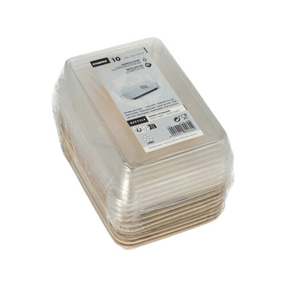 Μια συσκευασία με δέκα ορθογώνια δοχεία τροφίμων Starpak 10 Sushi-Schalen Palmblatt σε καφέ, το καθένα με ένα διαφανές καπάκι rPET («Kombipack»), τυλιγμένο σε πλαστικό και με ετικέτα πληροφοριών προϊόντος στην κορυφή.