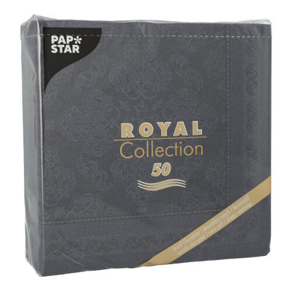 Μια σφραγισμένη συσκευασία με 50 μαύρες PAPSTAR "ROYAL Collection" χαρτοπετσέτες (40 x 40 cm, 1/4-πτυχή) της PAPSTAR GmbH, με κομψό, διακριτικό μοτίβο και λογότυπο στην επάνω αριστερή γωνία.