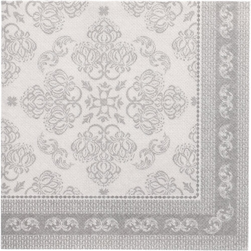 Οι PAPSTAR 50 χαρτοπετσέτες "ROYAL Collection" 1/4-πτυχή 40 x 40 cm γκρι της PAPSTAR GmbH χαρακτηρίζονται από ένα γκρι-λευκό, διακοσμημένο λουλουδάτο και σπειροειδές μοτίβο με διακοσμητική μπορντούρα - ιδανικό για όσους αναζητούν υψηλής ποιότητας χαρτοπετσέτες.