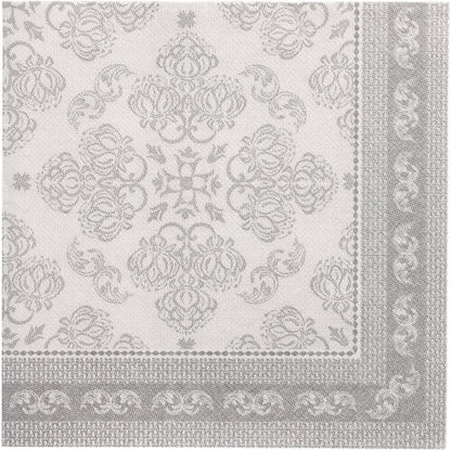 Οι PAPSTAR 50 χαρτοπετσέτες "ROYAL Collection" 1/4-πτυχή 40 x 40 cm γκρι της PAPSTAR GmbH χαρακτηρίζονται από ένα γκρι-λευκό, διακοσμημένο λουλουδάτο και σπειροειδές μοτίβο με διακοσμητική μπορντούρα - ιδανικό για όσους αναζητούν υψηλής ποιότητας χαρτοπετσέτες.
