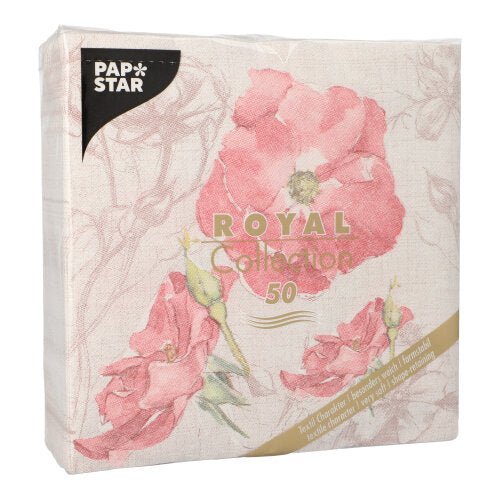 Ένα πακέτο με 50 PAPSTAR GmbH χαρτοπετσέτες "ROYAL Collection", 1/4-πτυχή, 40 x 40 cm, σε ροζ. Αυτές οι χαρτοπετσέτες δείχνουν ένα λουλουδάτο σχέδιο με μεγάλες ροζ λουλούδια και χρυσό κείμενο στην μπροστινή πλευρά, συσκευασμένες σε διαφανή πλαστική συσκευασία.