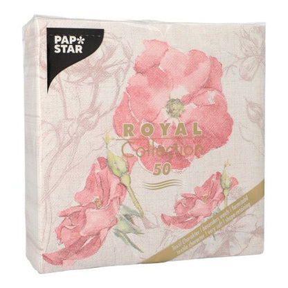 Ένα πακέτο με 50 PAPSTAR GmbH χαρτοπετσέτες "ROYAL Collection", 1/4-πτυχή, 40 x 40 cm, σε ροζ. Αυτές οι χαρτοπετσέτες δείχνουν ένα λουλουδάτο σχέδιο με μεγάλες ροζ λουλούδια και χρυσό κείμενο στην μπροστινή πλευρά, συσκευασμένες σε διαφανή πλαστική συσκευασία.