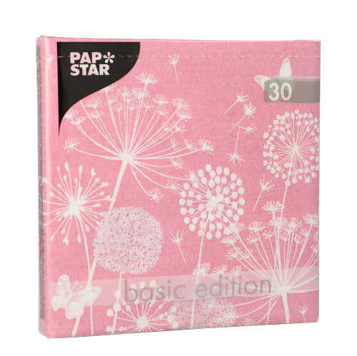 Eine rosa Serviettenpackung „Basic Edition“ der PAPSTAR GmbH mit weißem Pusteblumen-Motiv enthält 30 hochwertige, 3-lagige Servietten im Format 33x33cm, gefaltet auf 1/4 Größe.