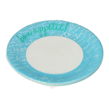 PAPSTAR 10 πιάτα, χάρτινα στρογγυλά Ø 23 cm από την PAPSTAR GmbH: Στρογγυλά πιάτα μιας χρήσης με μπλε περίγραμμα και λευκή γραφή («Καλή Όρεξη!» σε πράσινο), ιδανικά για πάρτι και εκδηλώσεις. Η μέση είναι απλή λευκή.
