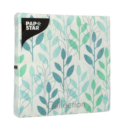 Μια σφραγισμένη συσκευασία από την PAPSTAR GmbH 20 χαρτοπετσέτες, μπλε, 3-στρώσεων, 33 x 33 cm, 1/4-πτυχή, με "Collection" στο μπροστινό μέρος.