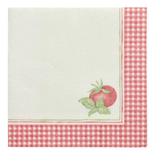 Οι PAPSTAR 50 πετσέτες "ROYAL Collection" 1/4-πτυχή 40 x 40 cm της PAPSTAR GmbH είναι διακοσμημένες με κόκκινο-λευκό καρό μπορντούρα, μια μικρή εικονογράφηση ντομάτας και ένα καθαρό λευκό κέντρο, που υπογραμμίζει το υψηλής ποιότητας σχέδιο.