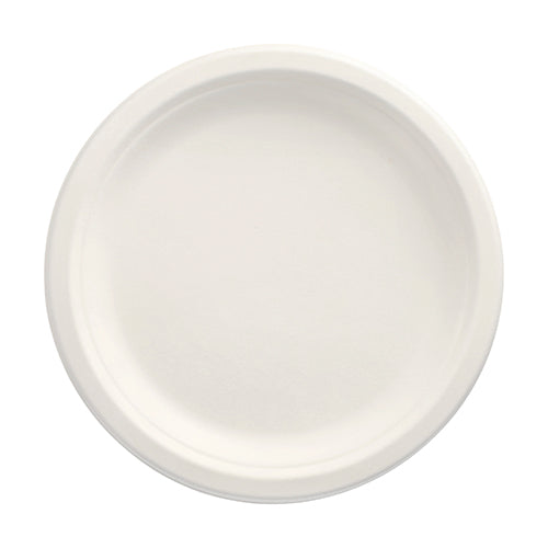 Ένα PAPSTAR 100 πιάτο, ζαχαροκάλαμο «pure» αδιαίρετο, λευκό της PAPSTAR GmbH παρουσιάζεται στην άποψη από πάνω σε λευκό έδαφος. Η λεία του επιφάνεια και το ανυψωμένο χείλος το καθιστούν ιδανικό φιλικό προς το περιβάλλον πιάτο μιας χρήσης για βιώσιμη διατροφή.