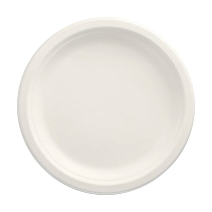 Ένα PAPSTAR 100 πιάτο, ζαχαροκάλαμο «pure» αδιαίρετο, λευκό της PAPSTAR GmbH παρουσιάζεται στην άποψη από πάνω σε λευκό έδαφος. Η λεία του επιφάνεια και το ανυψωμένο χείλος το καθιστούν ιδανικό φιλικό προς το περιβάλλον πιάτο μιας χρήσης για βιώσιμη διατροφή.