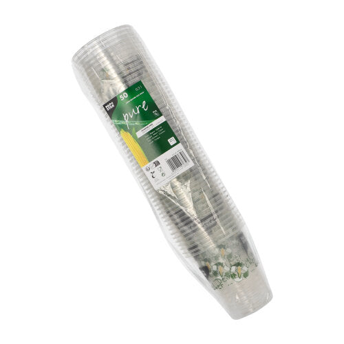 Μια συσκευασία με 50 PAPSTAR «κύπελλα από καλαμπόκι» PLA της PAPSTAR GmbH, τυλιγμένα σε πλαστικό φιλμ και με μια πράσινο-λευκή ετικέτα που δηλώνει ότι είναι βιοδιασπώμενα και φτιαγμένα από καλαμπόκι.