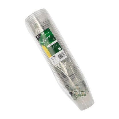 Μια συσκευασία με 50 PAPSTAR «κύπελλα από καλαμπόκι» PLA της PAPSTAR GmbH, τυλιγμένα σε πλαστικό φιλμ και με μια πράσινο-λευκή ετικέτα που δηλώνει ότι είναι βιοδιασπώμενα και φτιαγμένα από καλαμπόκι.