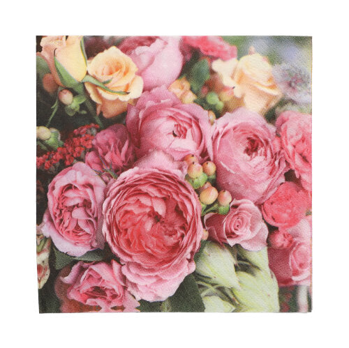 Κοντινή λήψη από PAPSTAR 20 χαρτοπετσέτες, 33x33 cm, τριών στρωμάτων από PAPSTAR GmbH, με ανθικό τύπωμα σε αποχρώσεις του ροζ και του ροδακινί με τριαντάφυλλα και ρανουνκλούλες με πράσινα φύλλα. Από μαλακό, υψηλής ποιότητας υλικό.