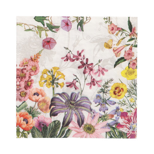 Οι PAPSTAR 20 χαρτοπετσέτες, 33x33 cm, 3-στρώσεων, 1/4-πτυχή (Σχέδιο Σετ 4) της PAPSTAR GmbH παρουσιάζουν ένα πολύχρωμο λουλουδένιο μοτίβο με ροζ, κίτρινα, μοβ και πορτοκαλί άνθη σε λευκό φόντο.
