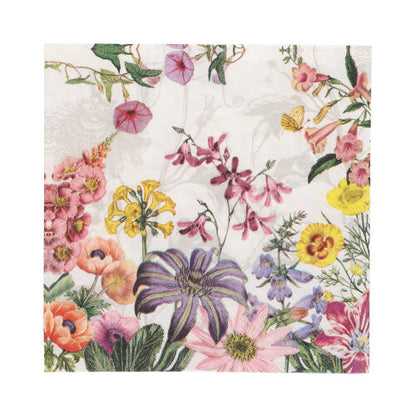 Οι PAPSTAR 20 χαρτοπετσέτες, 33x33 cm, 3-στρώσεων, 1/4-πτυχή (Σχέδιο Σετ 4) της PAPSTAR GmbH παρουσιάζουν ένα πολύχρωμο λουλουδένιο μοτίβο με ροζ, κίτρινα, μοβ και πορτοκαλί άνθη σε λευκό φόντο.