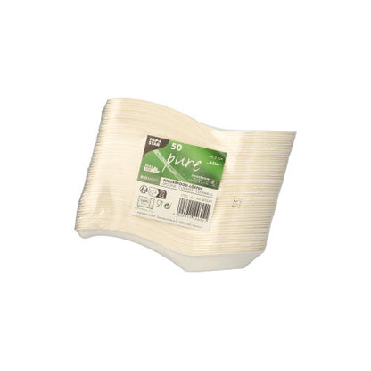 Eine Packung mit 50 PAPSTAR Fingerfood Löffel Zuckerrohr "pure" (14,5 cm, Asia-Design) der PAPSTAR GmbH, gestapelt und in Schrumpffolie verpackt mit einem grün-weißen Öko-Etikett, das darauf hinweist, dass sie biologisch abbaubar sind.