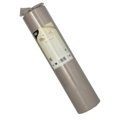 Ένας δρομέας τραπεζιού μεγέθους 24 μ x 40 εκ PAPSTAR από τη ROYAL Collection της PAPSTAR GmbH από υψηλής ποιότητας ιστό σε ασημί είναι συσκευασμένος σε φιλμ και φέρει ετικέτα με λεπτομέρειες προϊόντος, σύμβολα ανακύκλωσης και διαστάσεις.