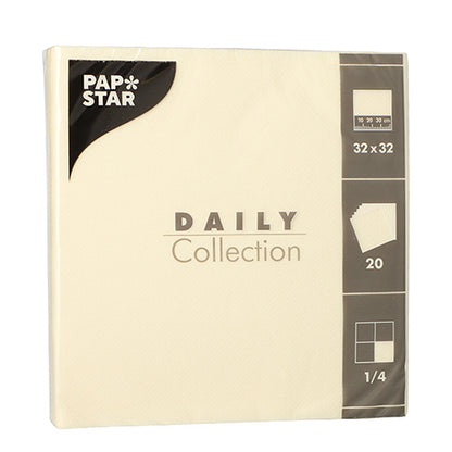 PAPSTAR 20 χαρτοπετσέτες "DAILY Collection", κρεμ, 32x32 cm, 1/4-πτυχή από την PAPSTAR GmbH – ιδανικές για διακόσμηση τραπεζιού; η συσκευασία περιέχει 20 χαρτοπετσέτες, τεταρτοπτυχή και επωνυμία.