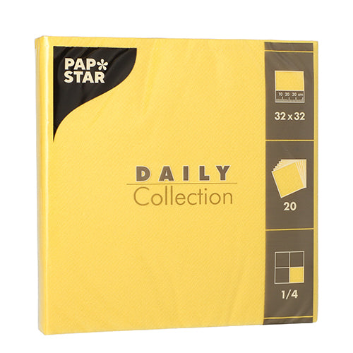 PAPSTAR GmbH 20 χαρτοπετσέτες "DAILY Collection", 1/4-πτυχή, 32 x 32 cm, κίτρινο – ιδανικές για τη διακόσμηση του τραπεζιού. Η πτύχωση (1/4-πτυχή) και η ποσότητα (20 κομμάτια) βρίσκονται στη δεξιά πλευρά της συσκευασίας.