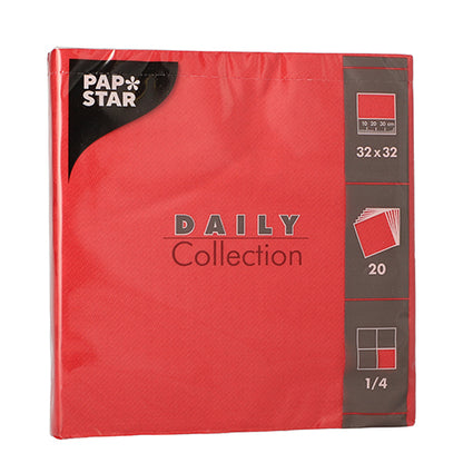 Ένα πακέτο με 20 χαρτοπετσέτες της PAPSTAR GmbH από τη "DAILY Collection", 1/4-πτυχή, 32x32 cm, κόκκινο. Η συσκευασία περιέχει σύμβολα και κείμενο με όλες τις σημαντικές λεπτομέρειες.