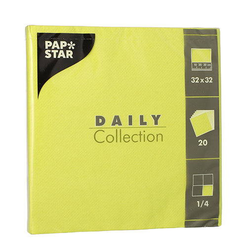 Η συσκευασία "DAILY Collection" της PAPSTAR GmbH περιέχει 20 κίτρινες χαρτοπετσέτες με 1/4-πτυχή (32 x 32 cm). Στη συσκευασία υπάρχουν σύμβολα με πληροφορίες για το μέγεθος, την ποσότητα και τον τύπο πτύχωσης.
