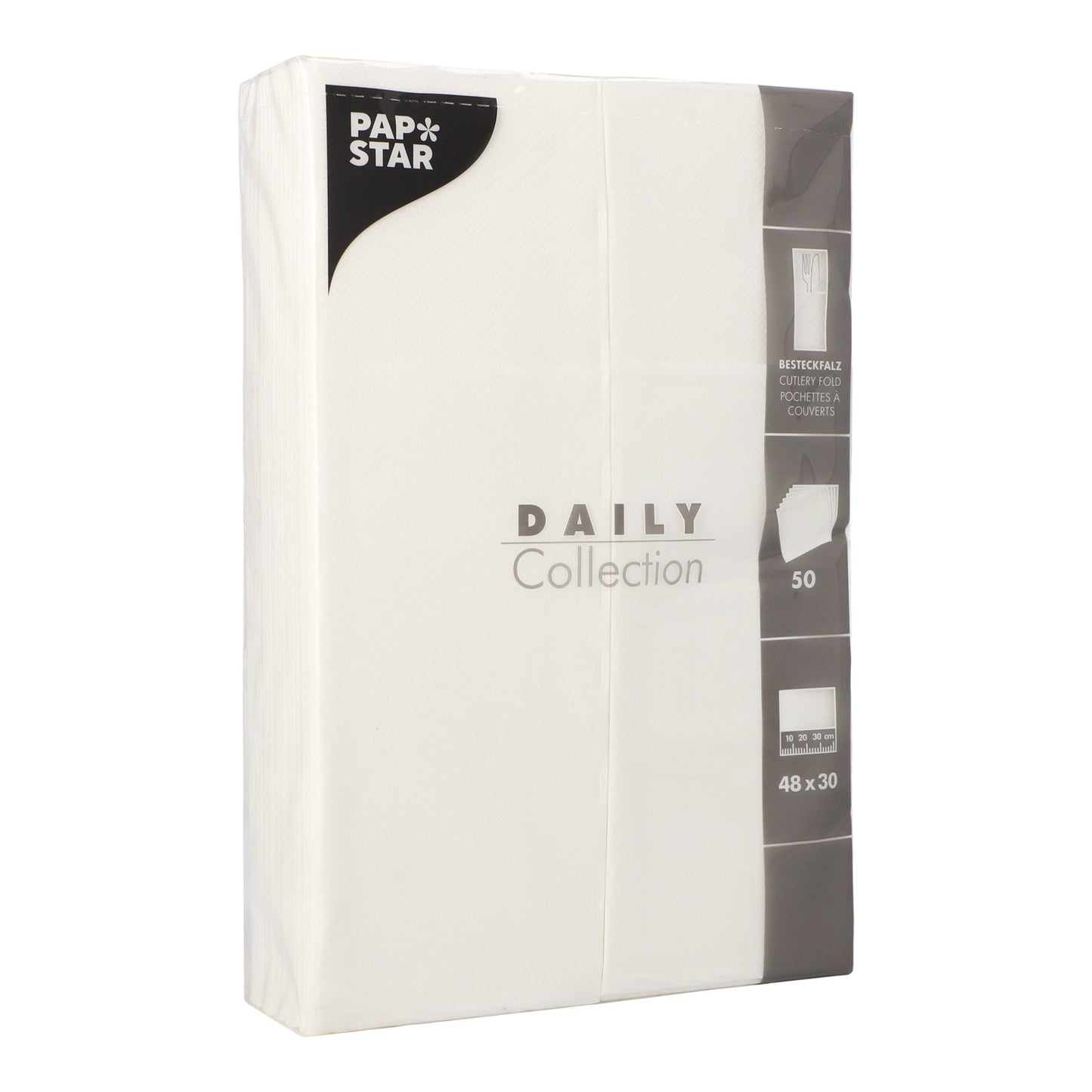 Μια συσκευασία με 50 χαρτοπετσέτες "DAILY Collection" (48 cm x 30 cm, πτυχή μαχαιροπίρουνου) της PAPSTAR GmbH περιέχει λευκές χαρτοπετσέτες με πληροφορίες προϊόντος και εικόνες στη δεξιά πλευρά της συσκευασίας.
