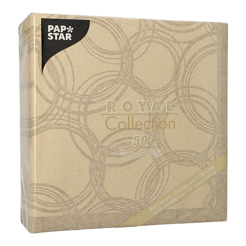 Μια μπεζ συσκευασία PAPSTAR GmbH 50 χαρτοπετσέτες "ROYAL Collection" 1/4-πτυχή 40 x 40 εκ. άμμος, με κομψούς χρυσούς κύκλους και τον αριθμό 50-ιδανικές υψηλής ποιότητας χαρτοπετσέτες για ιδιαίτερες περιστάσεις.