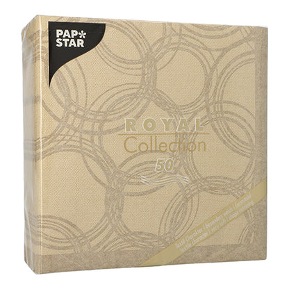 Μια μπεζ συσκευασία PAPSTAR GmbH 50 χαρτοπετσέτες "ROYAL Collection" 1/4-πτυχή 40 x 40 εκ. άμμος, με κομψούς χρυσούς κύκλους και τον αριθμό 50-ιδανικές υψηλής ποιότητας χαρτοπετσέτες για ιδιαίτερες περιστάσεις.