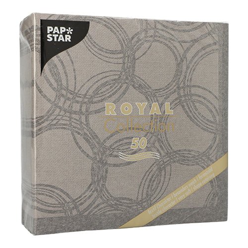 Οι PAPSTAR 50 χαρτοπετσέτες "ROYAL Collection" 1/4-πτυχή, 40 x 40 cm σε γκρι από την PAPSTAR GmbH έχουν ένα κομψό, επικαλυπτόμενο κυκλικό μοτίβο και παρέχονται σε συσκευασία των 50, τονισμένο με χρυσό κείμενο και αριθμό στο μπροστινό μέρος.